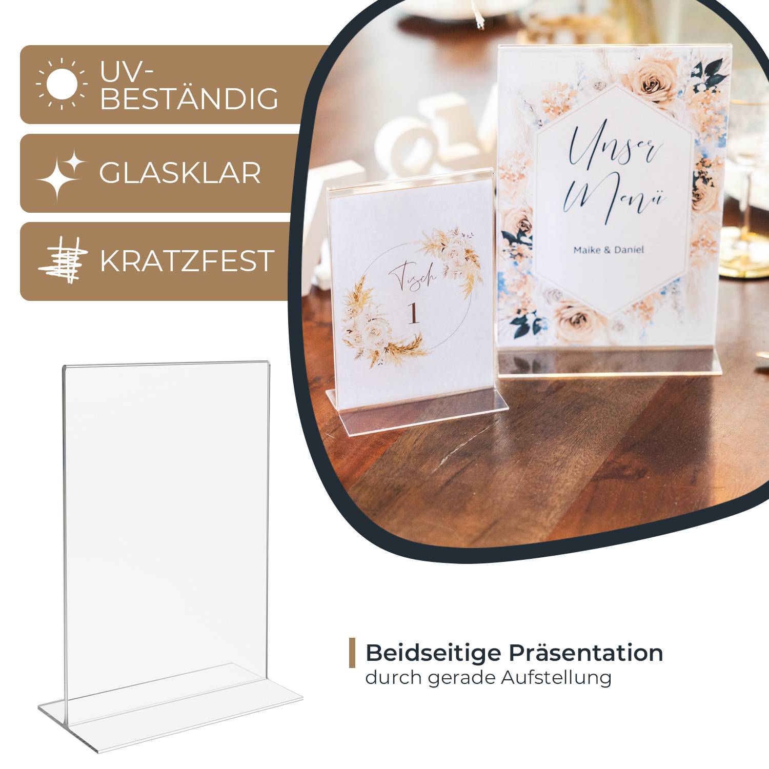 HMF Acryl Tischaufsteller DIN A4, Doppelseitiger T-Ständer Aufsteller, Hochformat, Glasklar-1