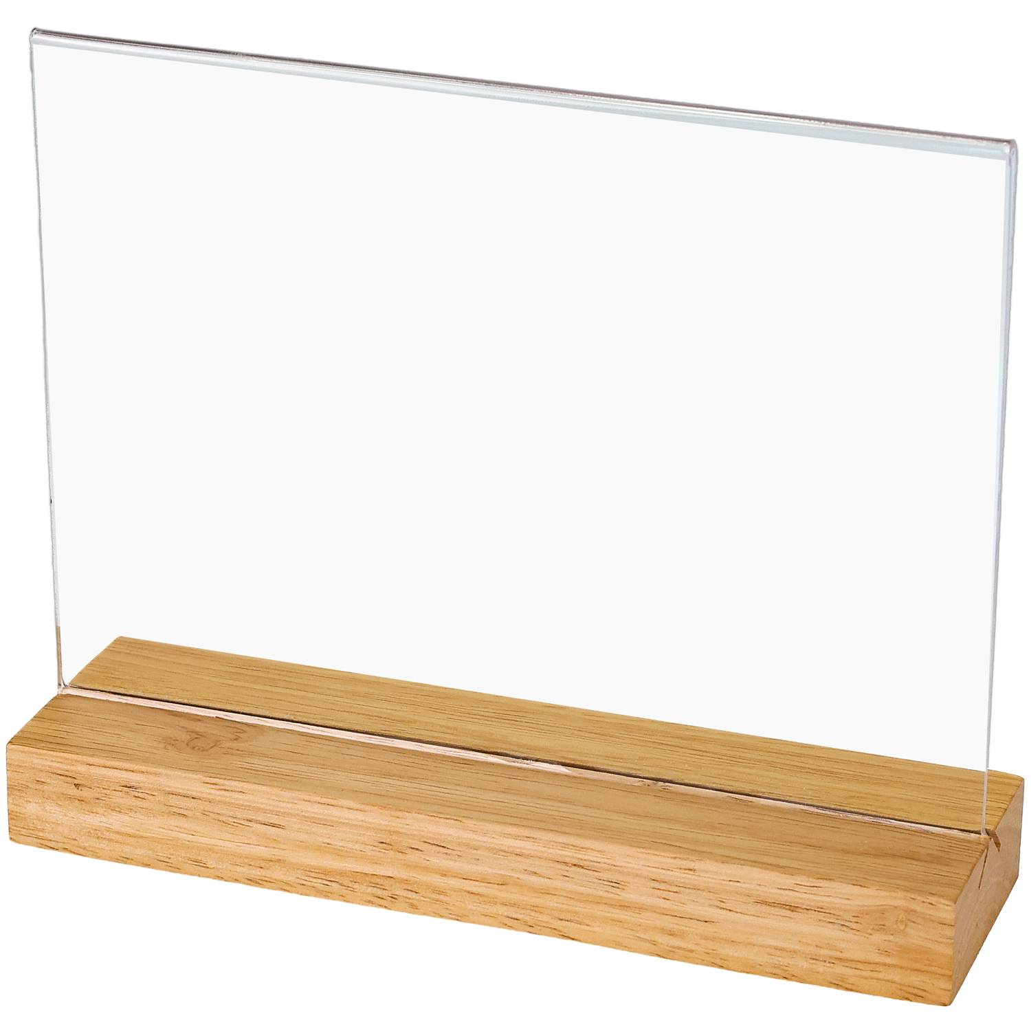 HMF Acryl Tischaufsteller im DIN A5 Querformat, Tischkartenhalter mit massivem Holzfuß aus Eiche, T-Aufsteller, Glasklar