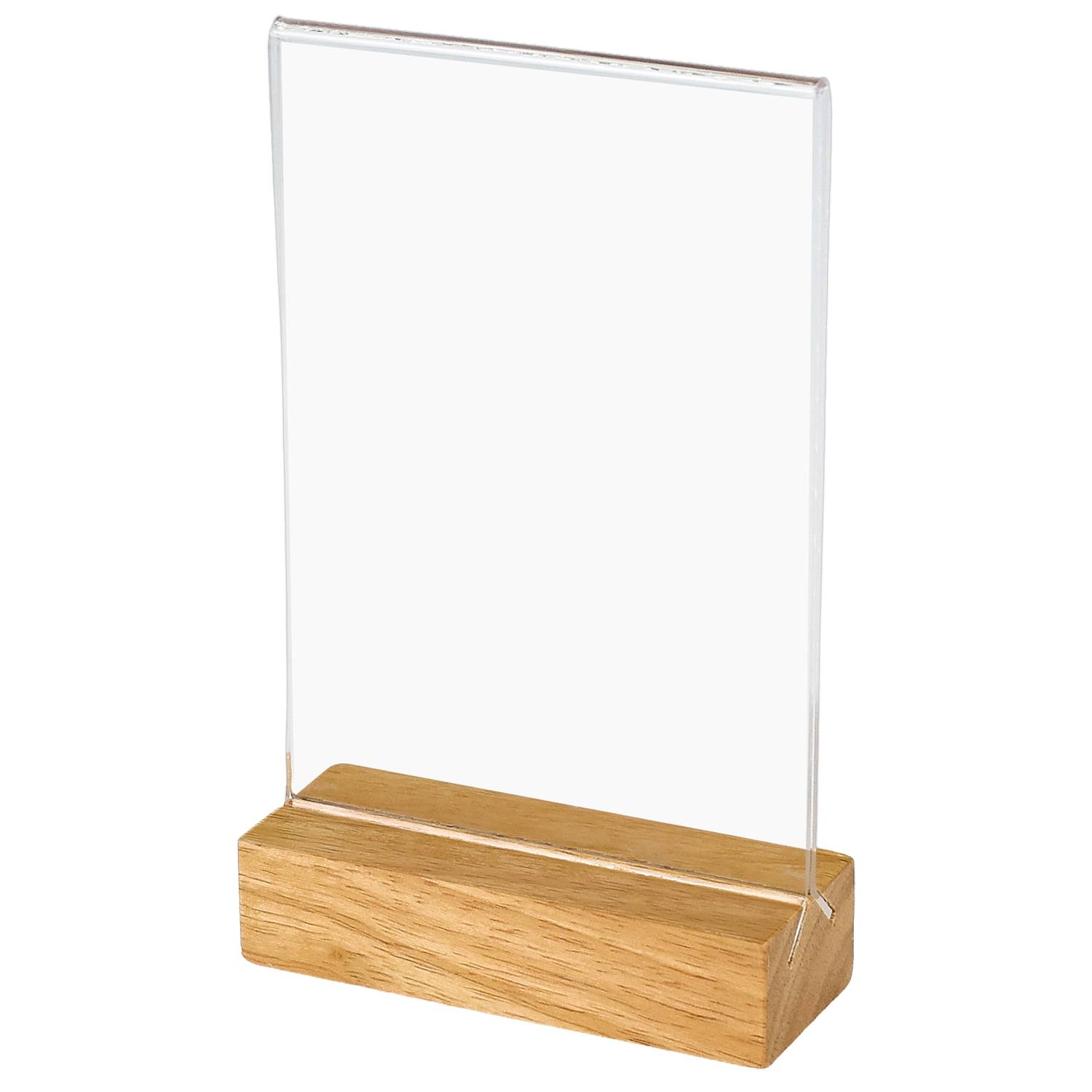 HMF 46940 Acryl Tischaufsteller mit Holzfuß, DIN A6 Hochformat, Glasklar-0
