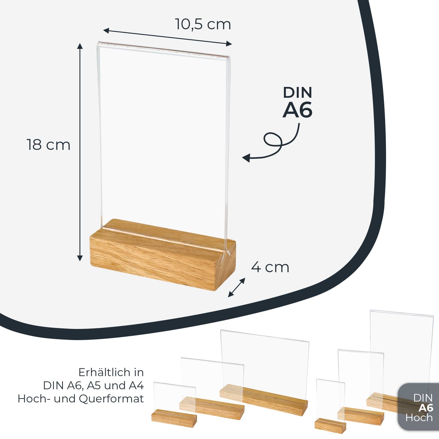 HMF 46940 Acryl Tischaufsteller mit Holzfuß, DIN A6 Hochformat, Glasklar-4