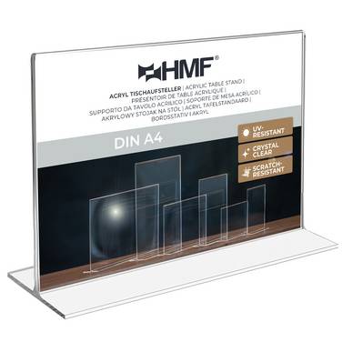 HMF Acryl Tischaufsteller DIN A4, Doppelseitiger T-Ständer Aufsteller, Querformat, Glasklar