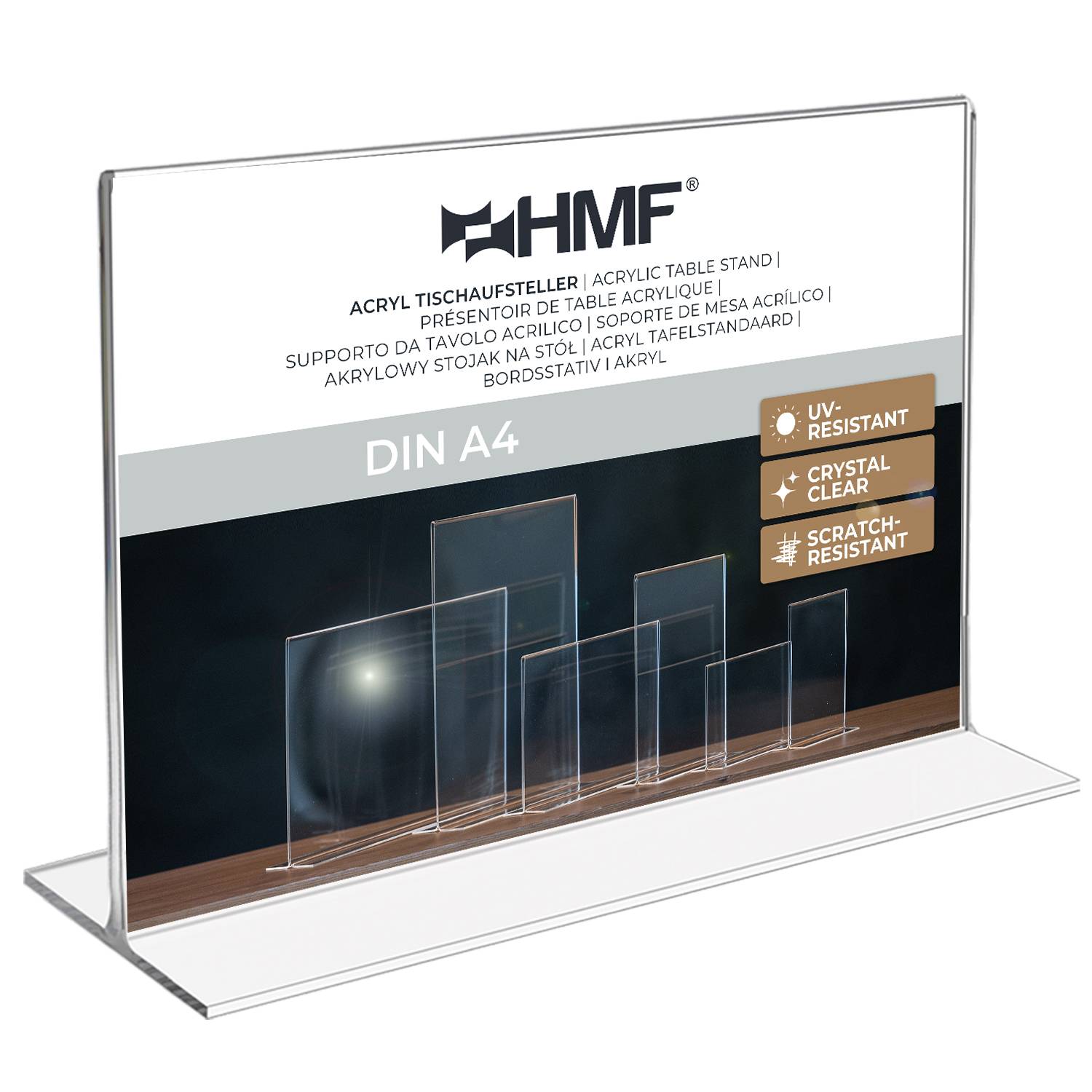 HMF Acryl Tischaufsteller DIN A4, Doppelseitiger T-Ständer Aufsteller, Querformat, Glasklar-0