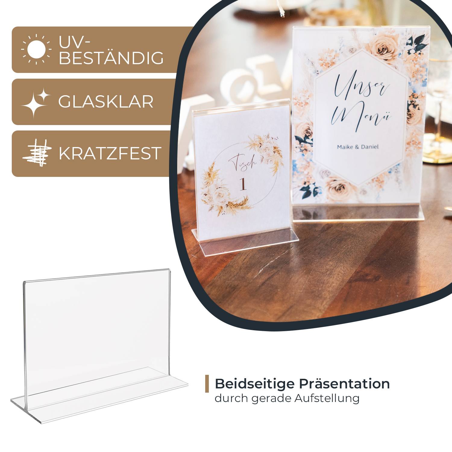 HMF Acryl Tischaufsteller DIN A4, Doppelseitiger T-Ständer Aufsteller, Querformat, Glasklar-1