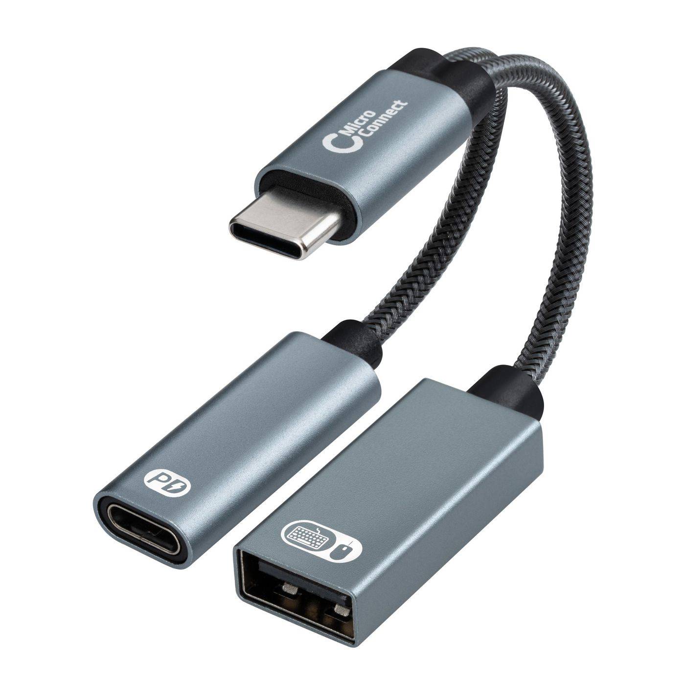 MicroConnect USB-C to USB-C PD and USB-A 2.0 Female Adapter, Silver 13cm-0