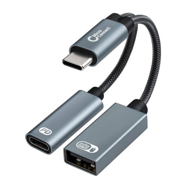MicroConnect USB-C to USB-C PD and USB-A 2.0 Female Adapter, Silver 13cm