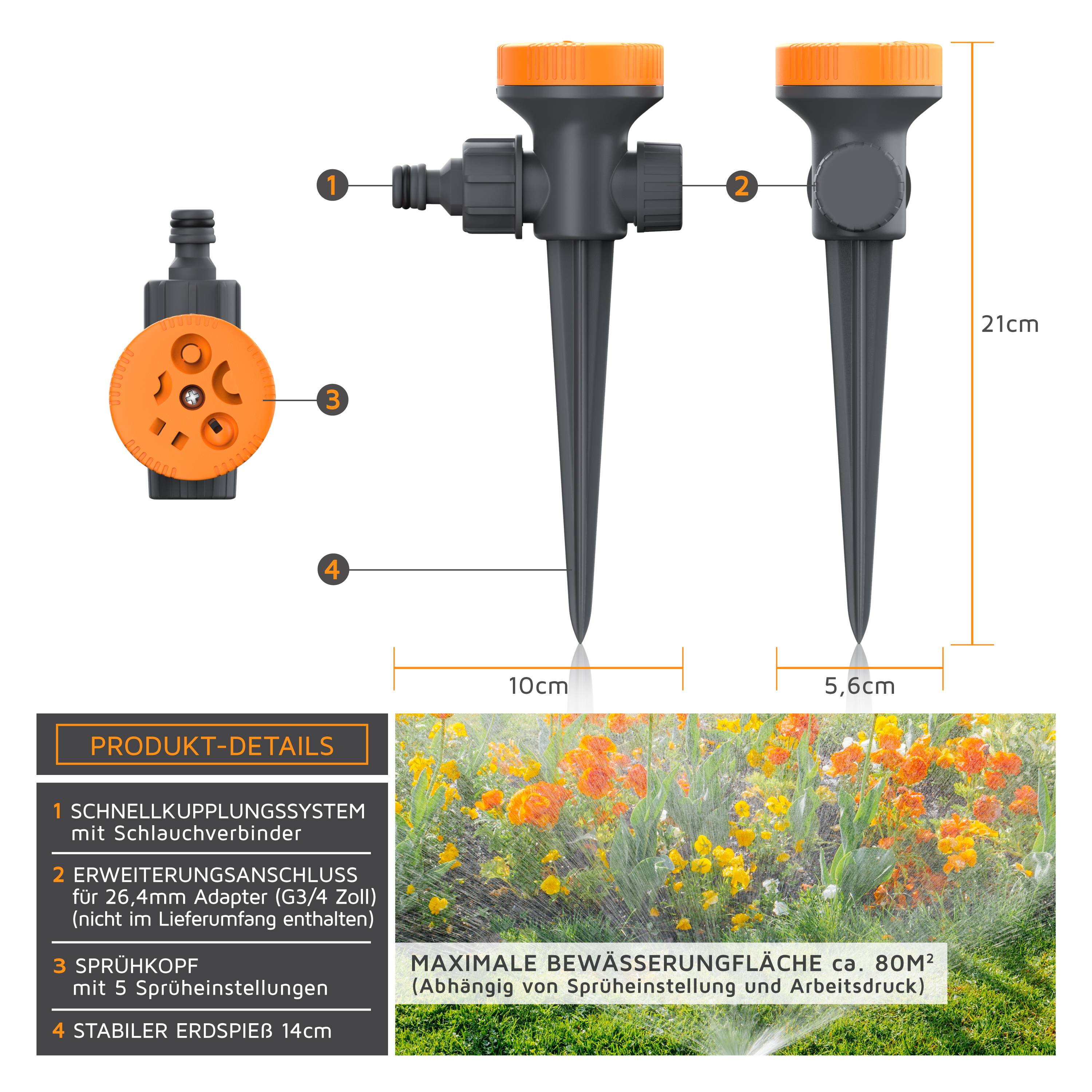 Brandson Rasensprenger 5 Fach Rasensprinkler, Flächenregner Garten Sprinkler, Kreis Halbkreis Viertelkreis Fächer-1