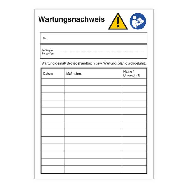 Wartungsnachweis, Karton, DIN A5, 2-seitig bedruckt, 50 Blatt/ Verpackungseinheit