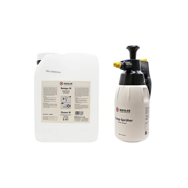 RIEGLER Reiniger M, Set, mit Pump-Sprüher, 5 L, kennzeichnungsfrei, schnell trocknend, nicht brennbar.  Reinigt und entf