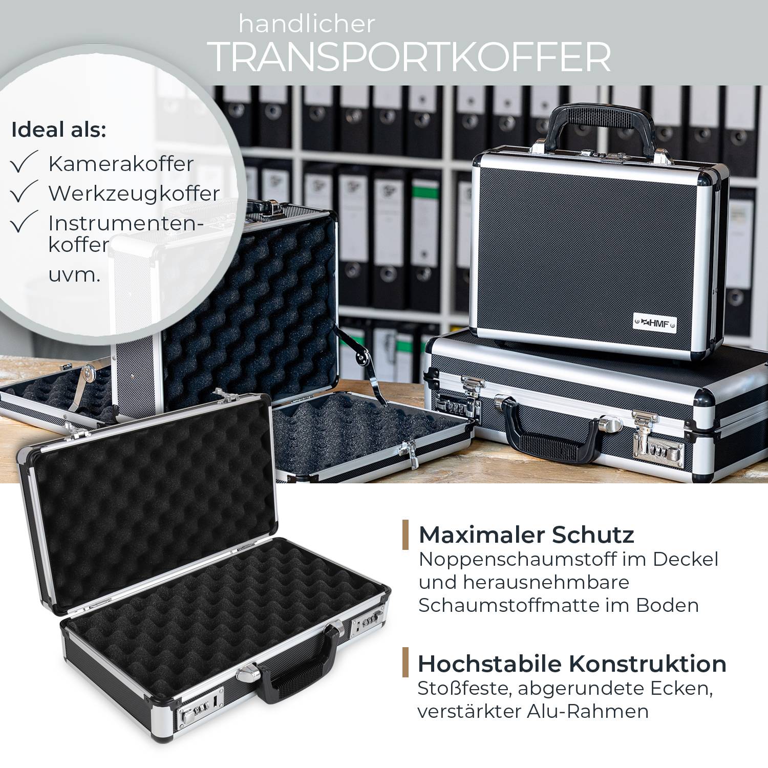 HMF 14403-02 Alu Waffenkoffer für Pistolen mit Zahlenschloss, 42 x 26 x 12 cm, Schwarz-1