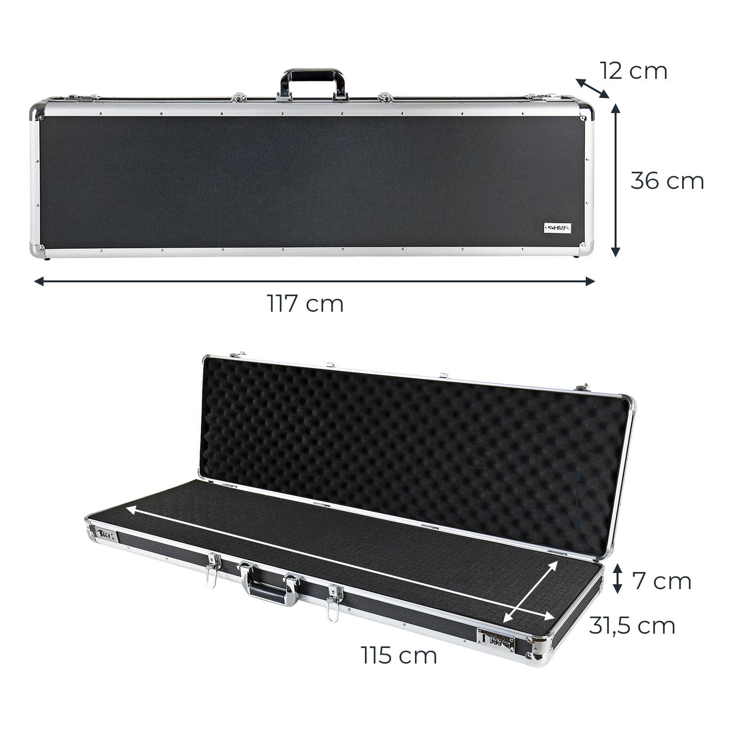 HMF 14405-02 Alu Waffenkoffer für Gewehre mit Rasterschaumstoff, 117 x 36 x 12 cm, Schwarz-4