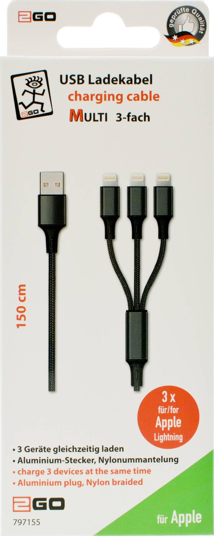 2GO 3in1 USB Ladekabel 3x Lightning Nylon schwarz - Kabel - Digital/Daten-1