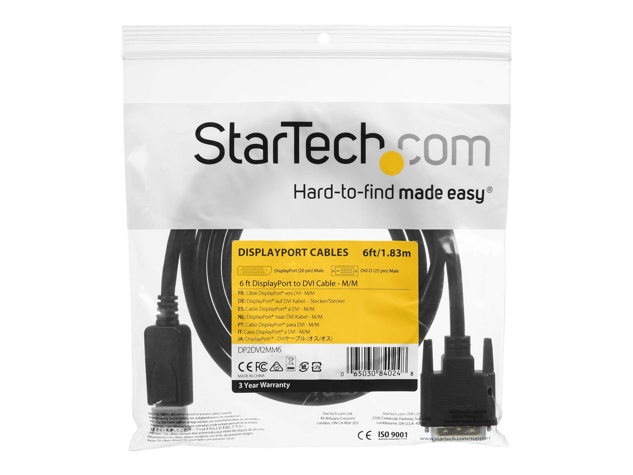 StarTech.com DisplayPort to DVI Cable - 6ft / 2m - 1920 x 1200 - M/M ? DP to DVI-2