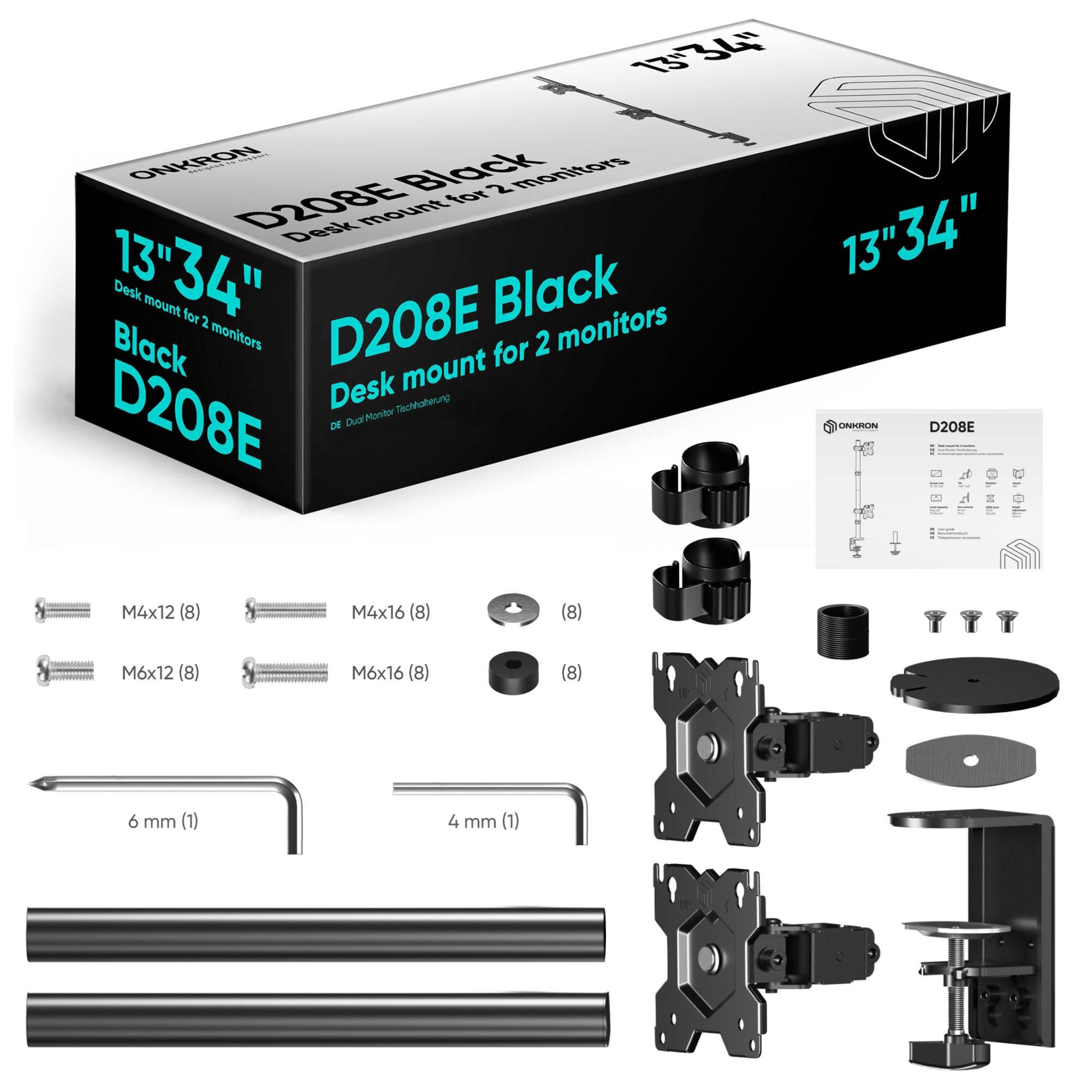 Symbolbild für ONKRON Doppel Monitorhalterung für 2 Monitore 13-34", bis 8 kg, VESA 75x75 & 100x100, D208E