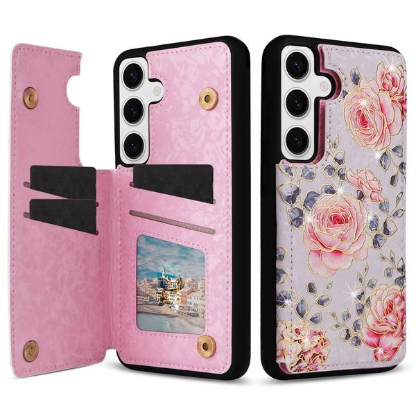 Für Samsung Galaxy S24 RFID Anti Datenklau Hülle Tasche Blumen TPU Hülle Tasche Smart Cover Motiv 1
