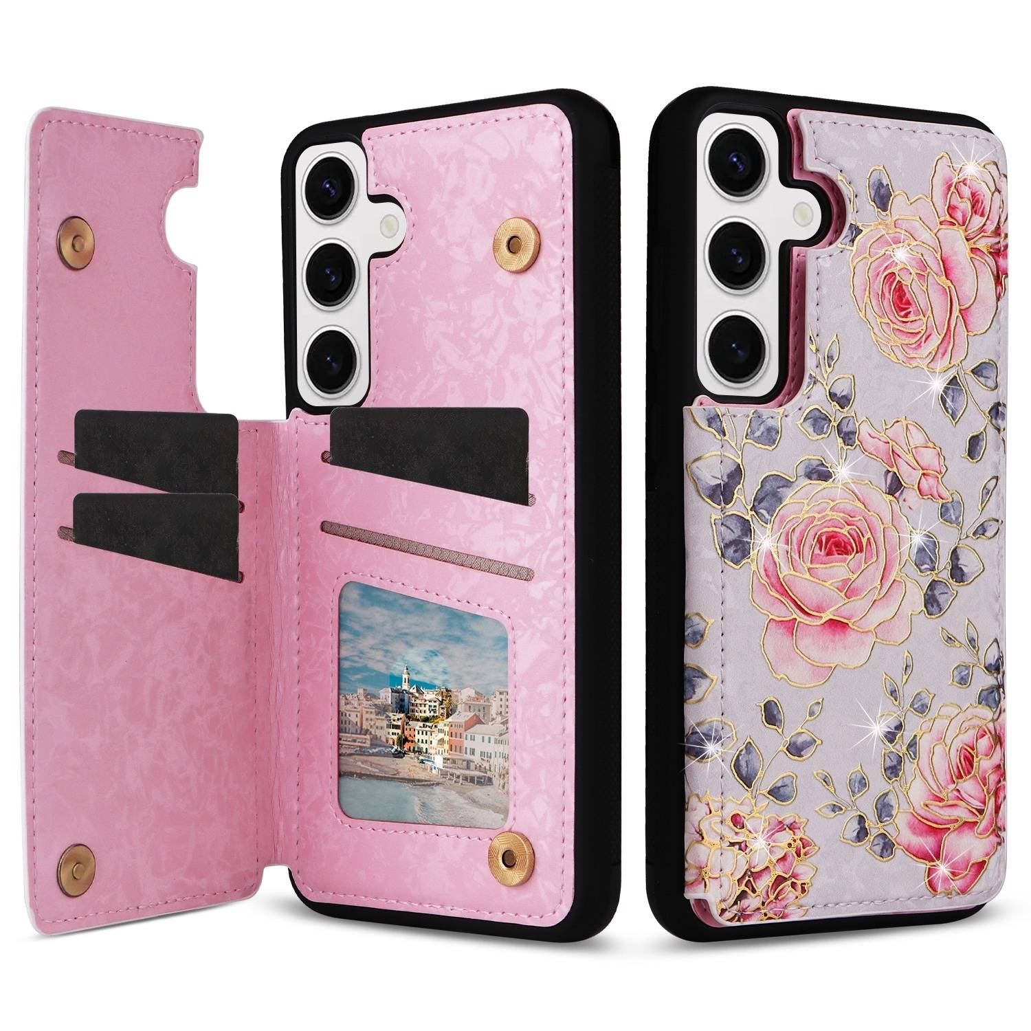 Für Samsung Galaxy S24 RFID Anti Datenklau Hülle Tasche Blumen TPU Hülle Tasche Smart Cover Motiv 1-0