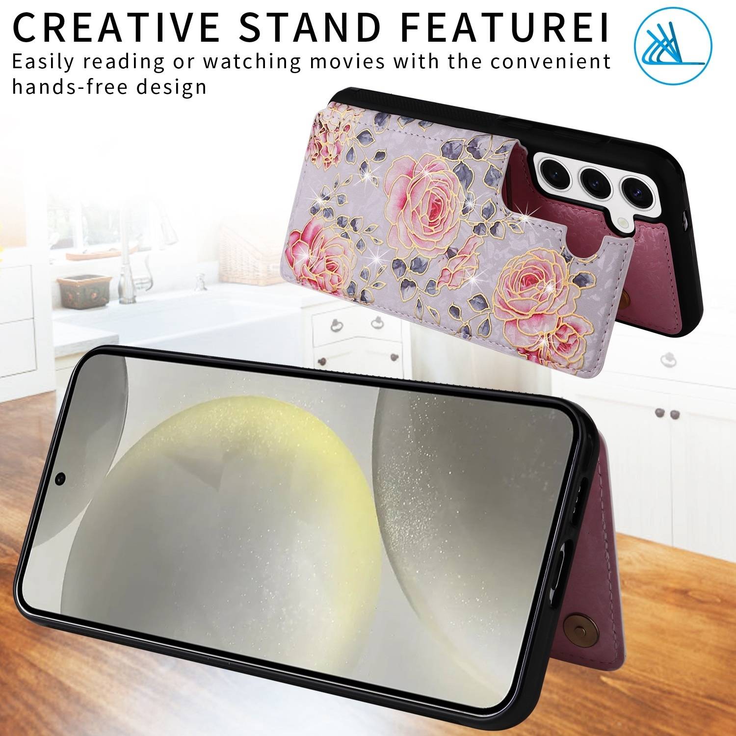 Für Samsung Galaxy S24 RFID Anti Datenklau Hülle Tasche Blumen TPU Hülle Tasche Smart Cover Motiv 1-3