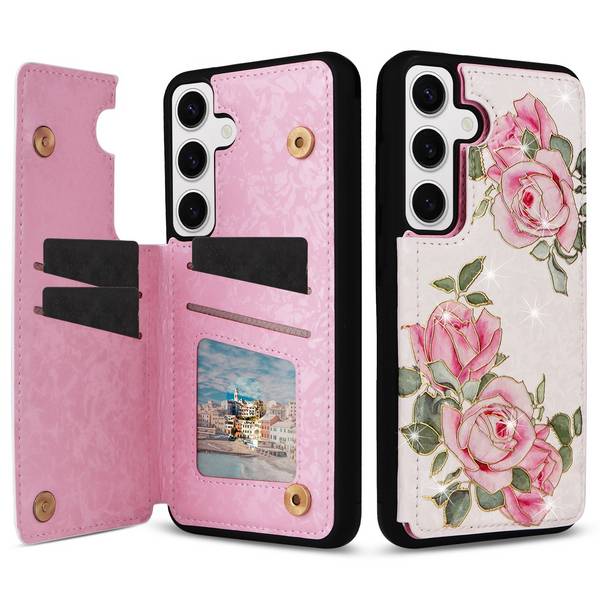 Für Samsung Galaxy S24 RFID Anti Datenklau Hülle Tasche Blumen TPU Hülle Tasche Smart Cover Motiv 4