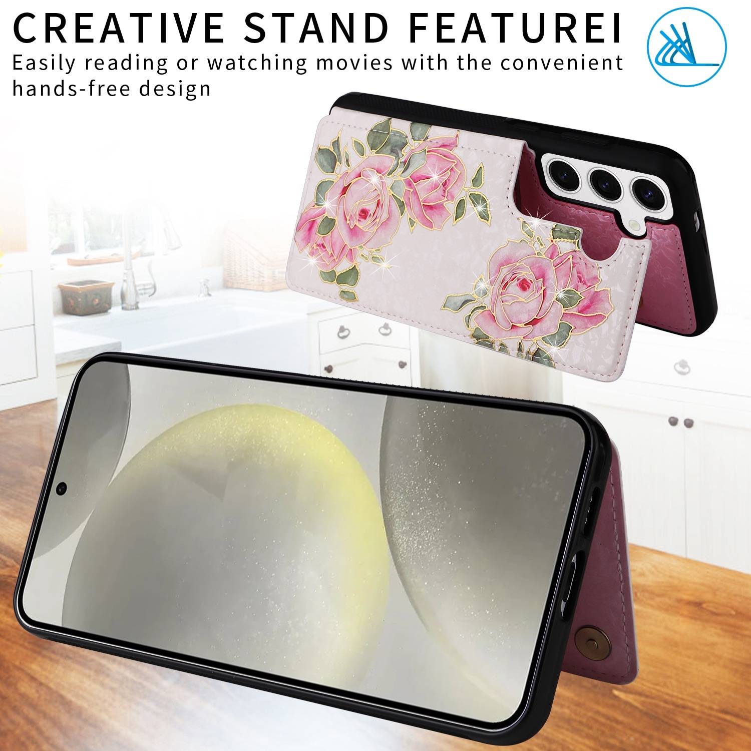 Für Samsung Galaxy S24 RFID Anti Datenklau Hülle Tasche Blumen TPU Hülle Tasche Smart Cover Motiv 4-2