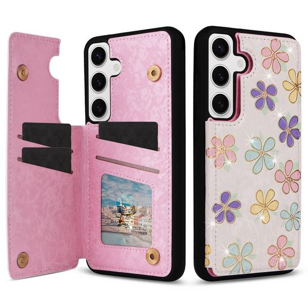 Für Samsung Galaxy S24 RFID Anti Datenklau Hülle Tasche Blumen TPU Hülle Tasche Smart Cover Motiv 3