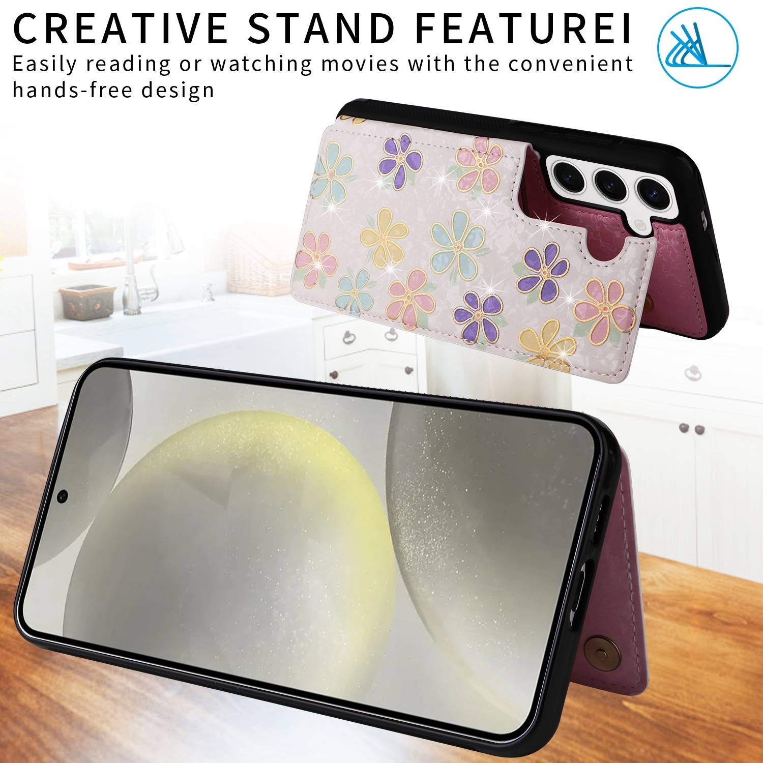 Für Samsung Galaxy S24 RFID Anti Datenklau Hülle Tasche Blumen TPU Hülle Tasche Smart Cover Motiv 3-3