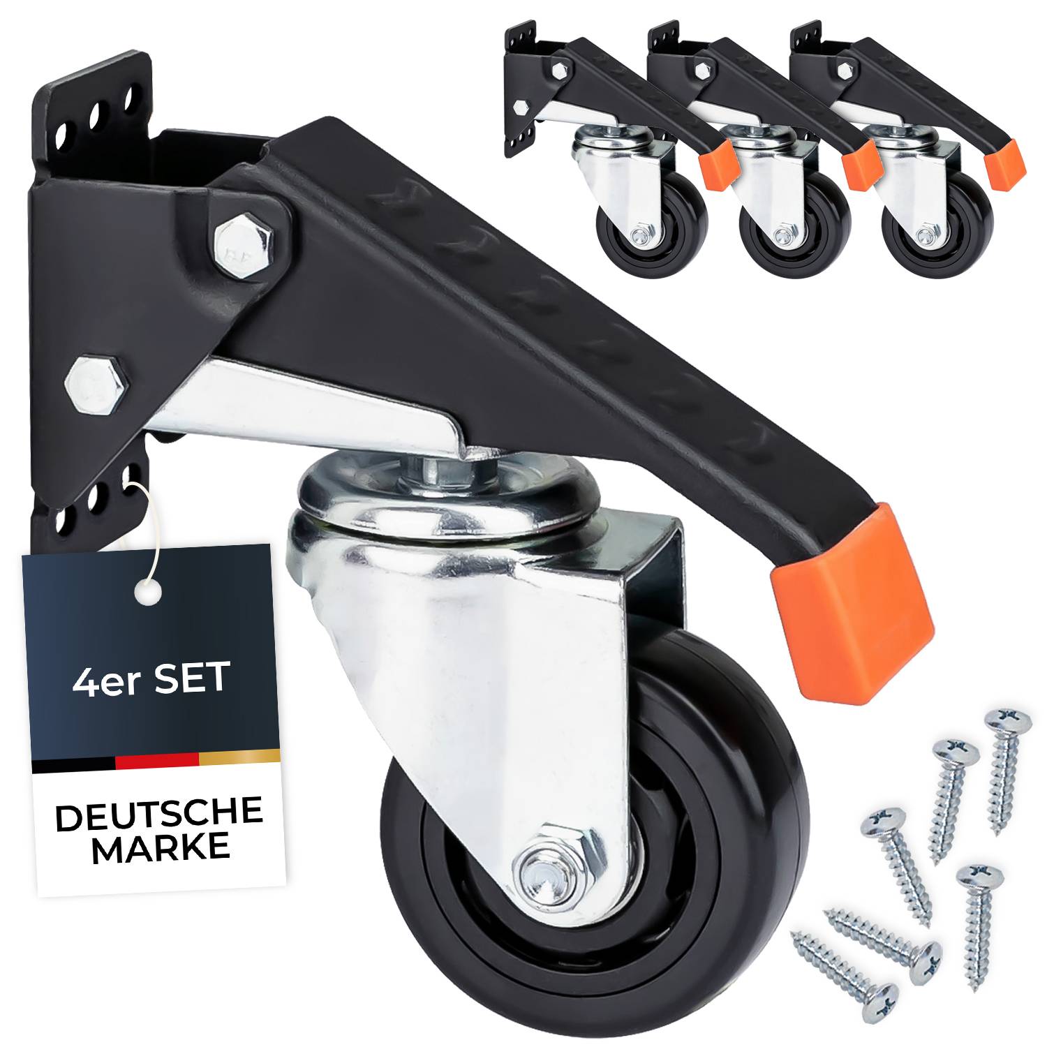 HMF 6750 Schwerlastrollen absenkbar für Werkbank, 4 Stück, 76 mm, bis 400 kg, Schwarz-0