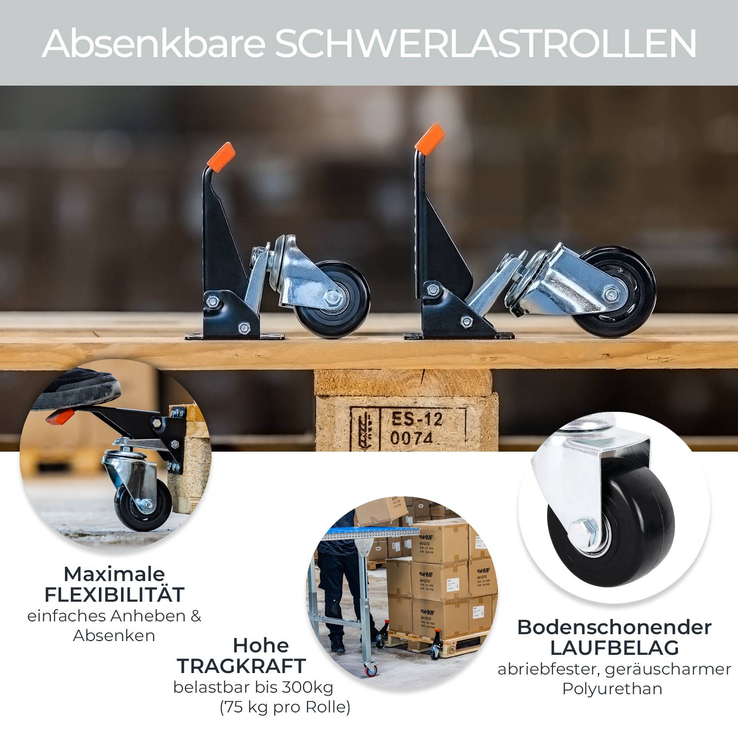 HMF 6750 Schwerlastrollen absenkbar für Werkbank, 4 Stück, 76 mm, bis 400 kg, Schwarz-1