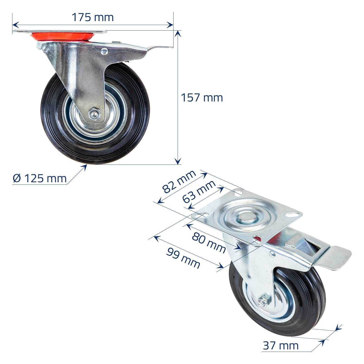HMF 6790 Schwerlastrollen mit Bremse aus Vollgummi, 4 Stück, 125 mm, bis 400 kg, Schwarz-1