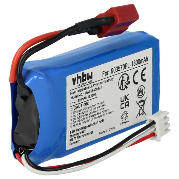 vhbw Akku kompatibel mit T-Stecker AWG16 für Modellbau z.B. Racing Car | Helikopter, Flugzeug (1800mAh, 7,4V, Li-Polymer