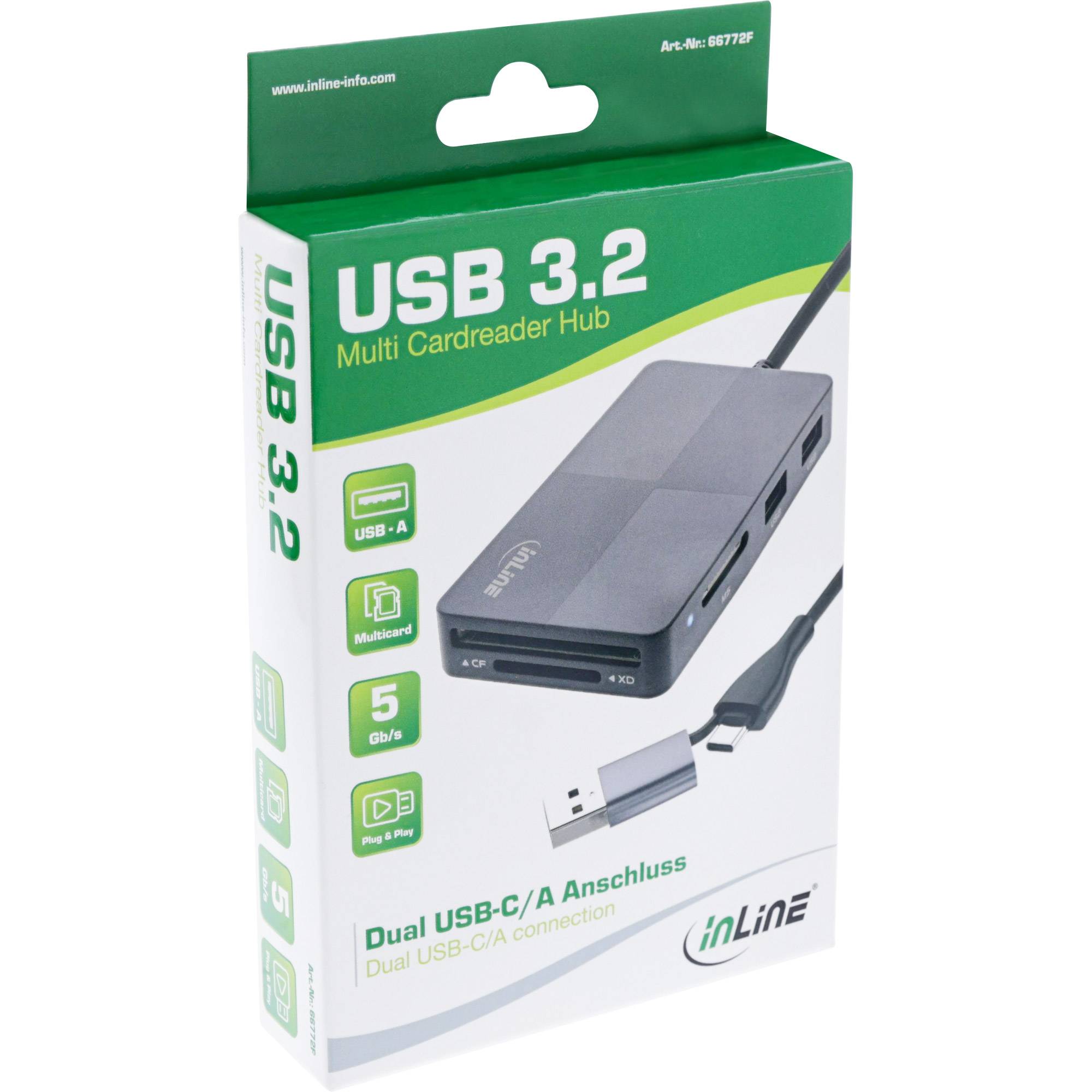 InLine® USB 3.2 Multi Cardreader Hub, SD/TF/MS/XD/CF, 3-Port USB-A, Dual-2