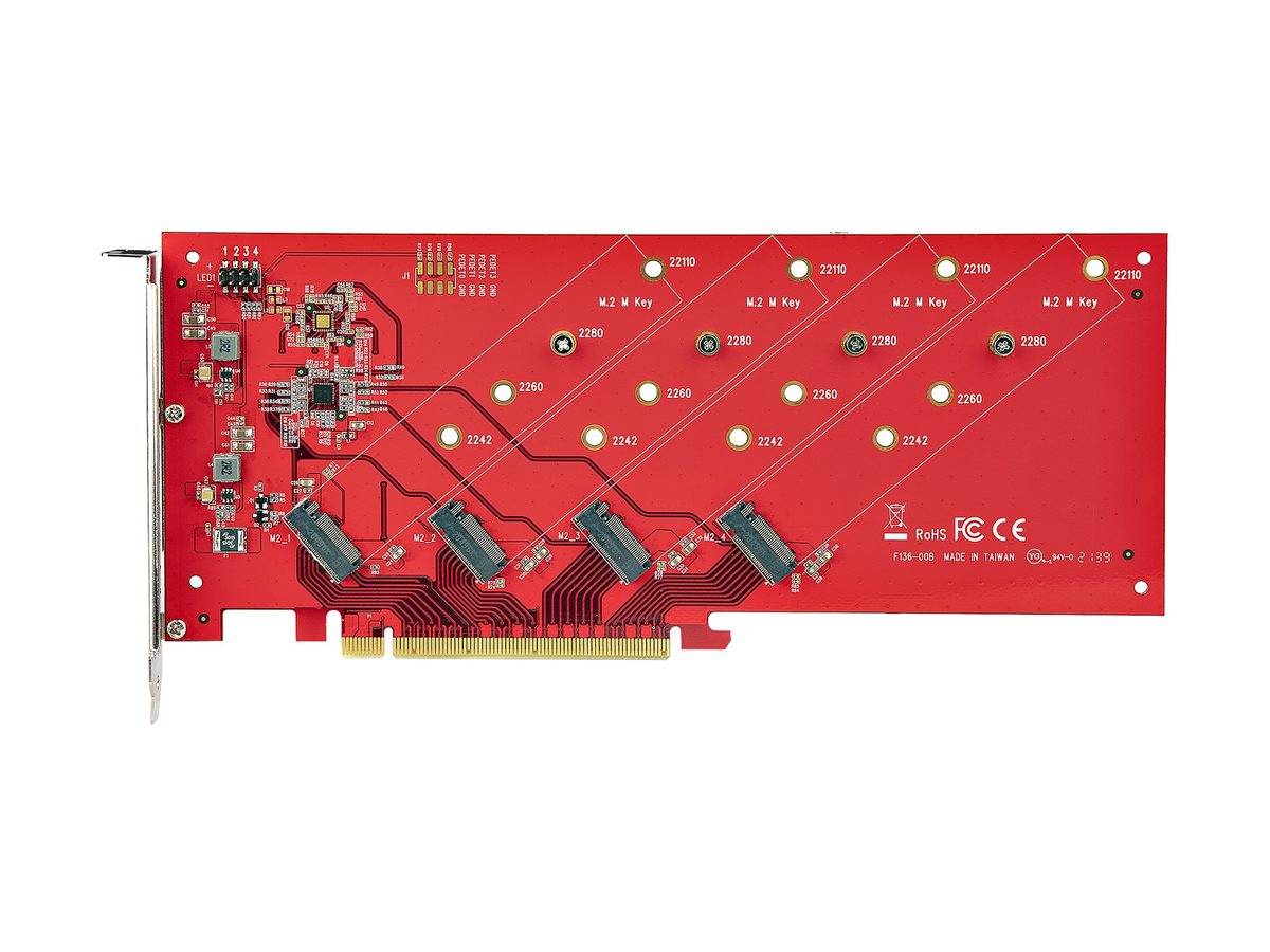 StarTech.com Quad M.2 PCIe Adapter Card, x16 Quad NVMe or AHCI M.2 SSD to PCI Express 4.0, Up to 7.8GBps/Drive, For 2242-4