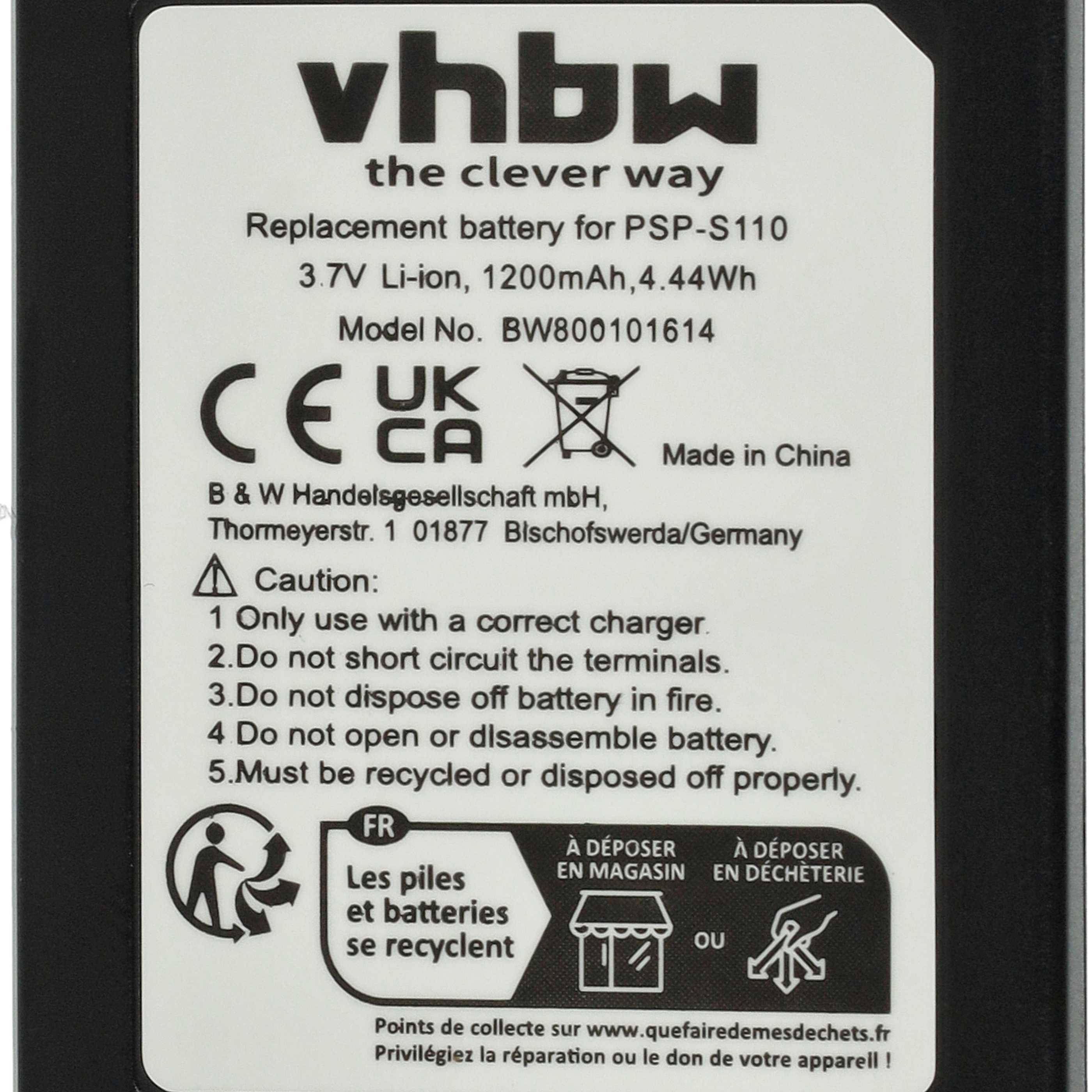 vhbw 1x Akku kompatibel mit Sony Playstation Portable Slim & Lite PSP-2000 | PSP-2001, 2. Gener Spielekonsole (1200 mAh-4