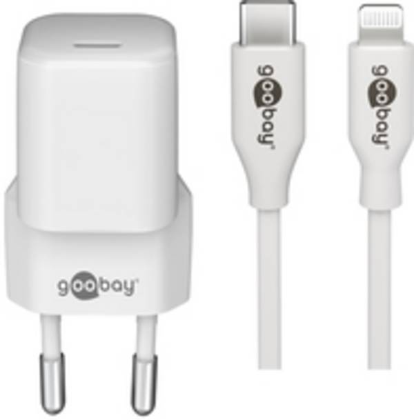 Goobay 61084 Nano USB-C Netzteil 20W / Apple Lightning Ladekabel / iPhone Ladegerät USB Adapter 12V / Weiß / Kabel 1m