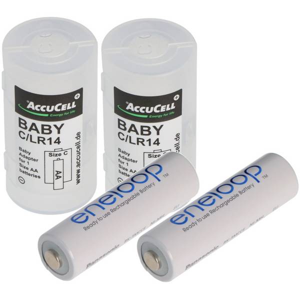 2x AccuCell Adapter C, Baby, LR14 und Panasonic eneloop 2-Pack BK-3MCDE/2BE Akku NiMH, Mignon, AA, HR06, 1.2V und 2000mA