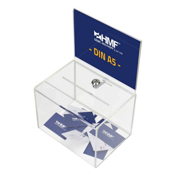 HMF Acryl Spendenbox abschließbar, 21,5 x 16 x 16 cm, DIN A5 Blatteinschub, Transparent