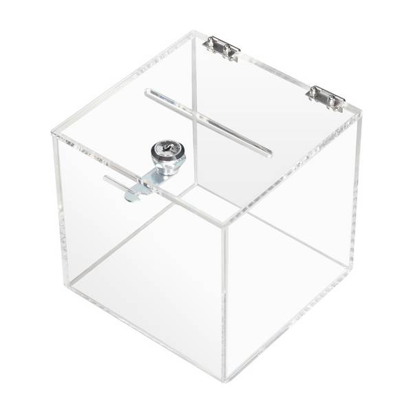 HMF 46919 Acryl Spendenbox mit Schloss, 15 x 15 x 15 cm, DIN A6, Transparent