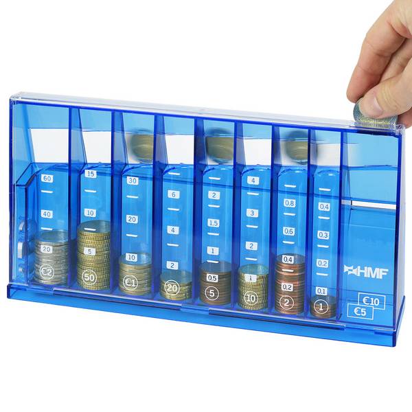 HMF Münzzähler mit automatischer Sortierung, transparenter Münzsortierer mit Werteskala, 24 x 12 x 5 cm, Blau