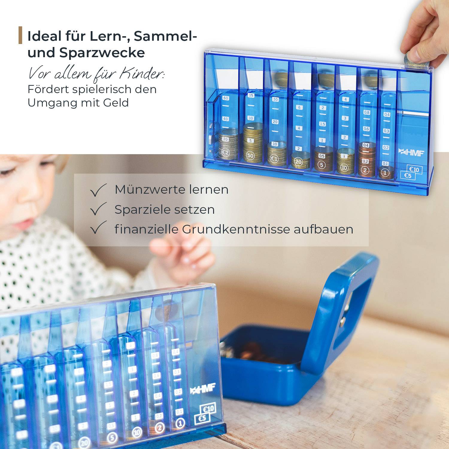 HMF Münzzähler mit automatischer Sortierung, transparenter Münzsortierer mit Werteskala, 24 x 12 x 5 cm, Blau-3