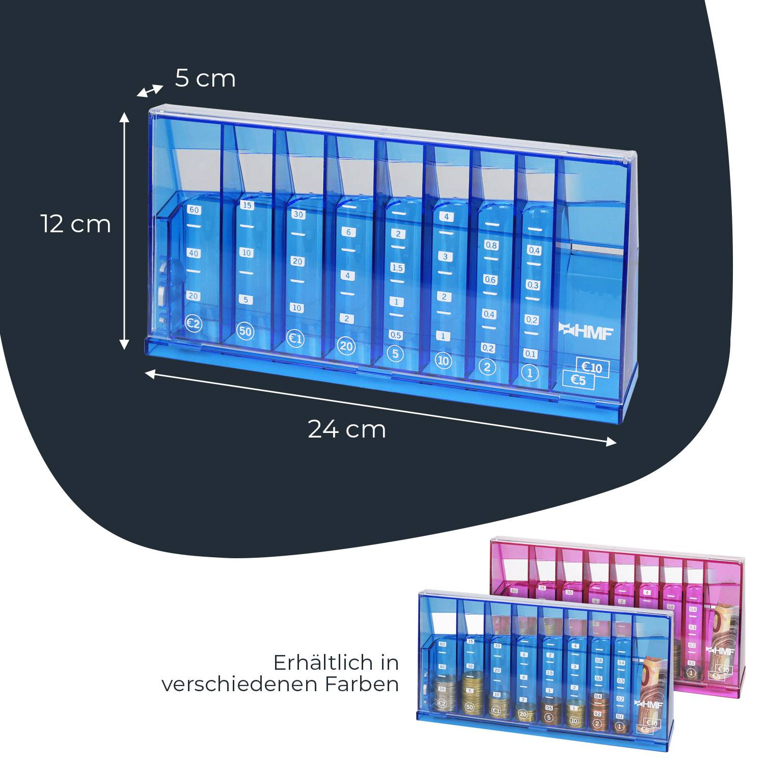 HMF Münzzähler mit automatischer Sortierung, transparenter Münzsortierer mit Werteskala, 24 x 12 x 5 cm, Blau-4