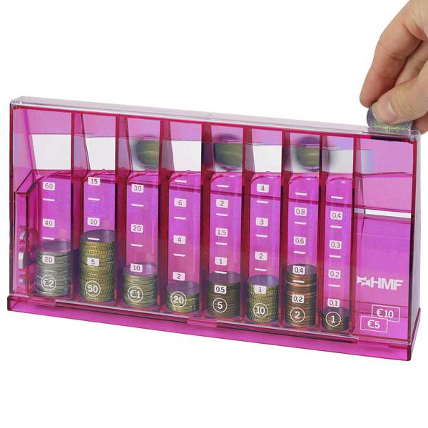 HMF Münzzähler mit automatischer Sortierung, transparenter Münzsortierer mit Werteskala, 24 x 12 x 5 cm, Pink