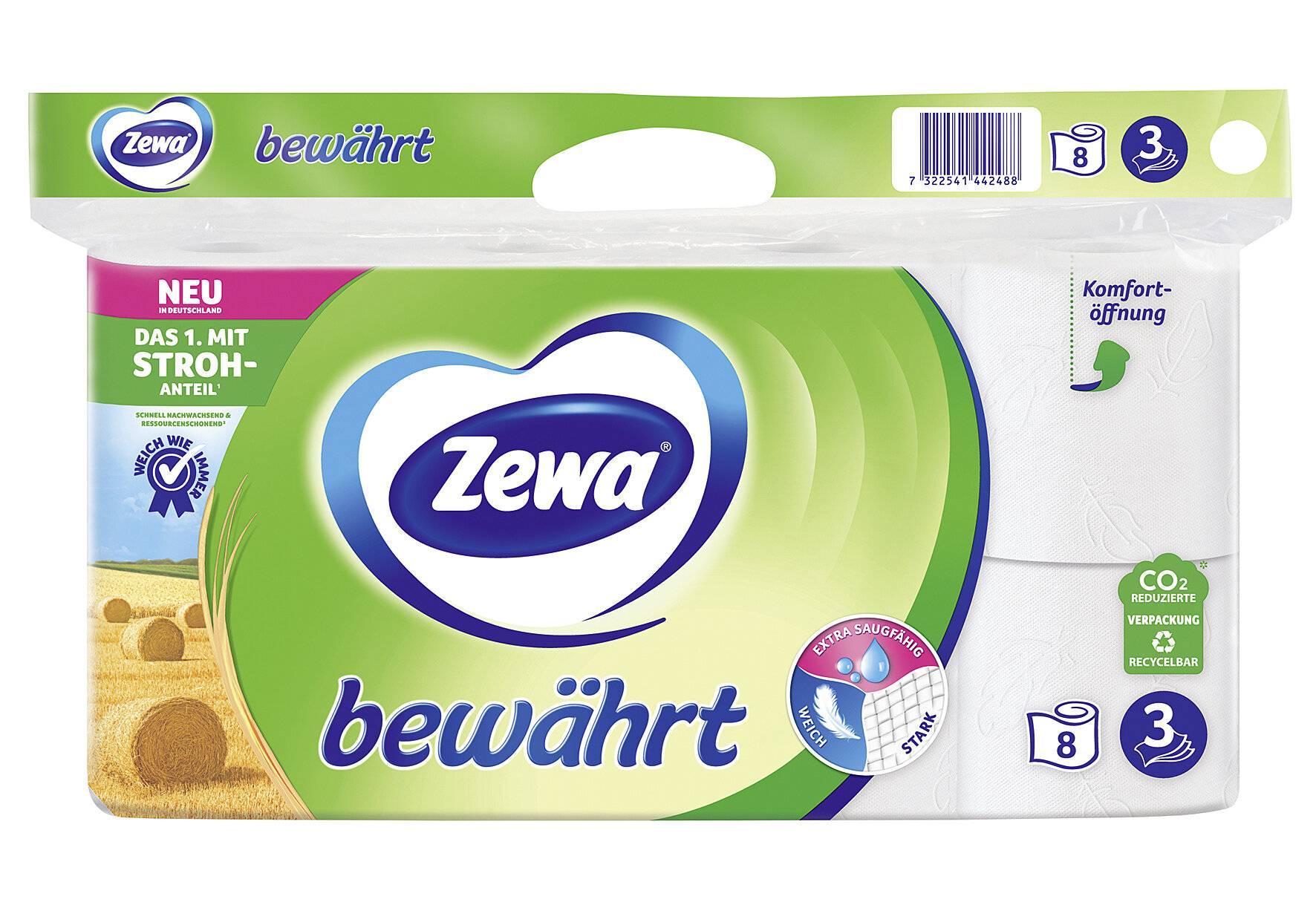 Zewa bewährt Toilettenpapier, strapazierfähiges WC-Papier 3-lagig in zartem Weiß , 1 x-0