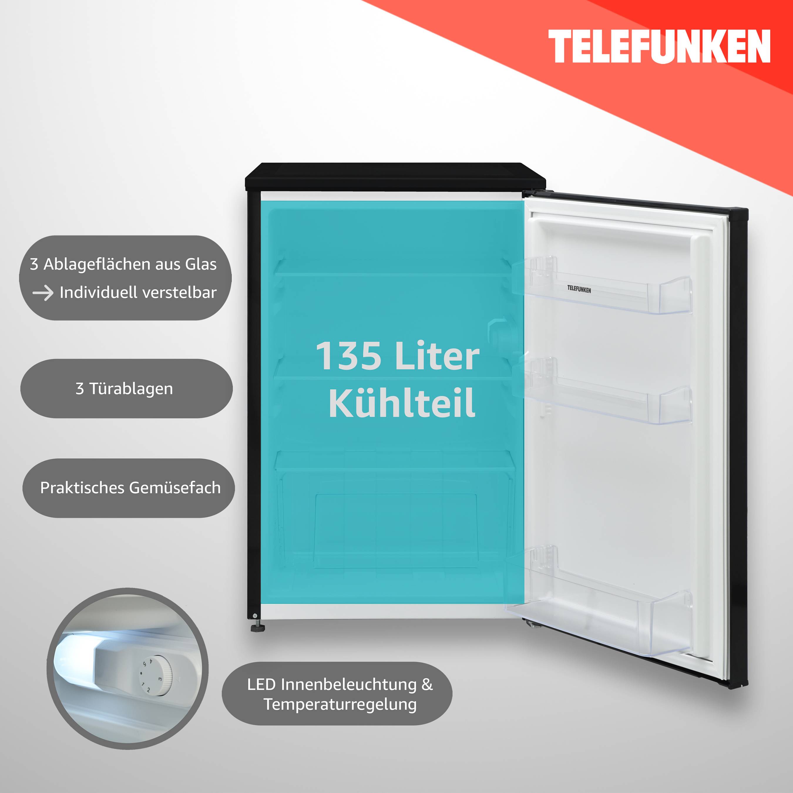 TELEFUNKEN C-135-100 Kühlschrank ohne Gefrierfach | Freistehend | 135 Liter | Kühlschrank klein | LED-Beleuchtung-2