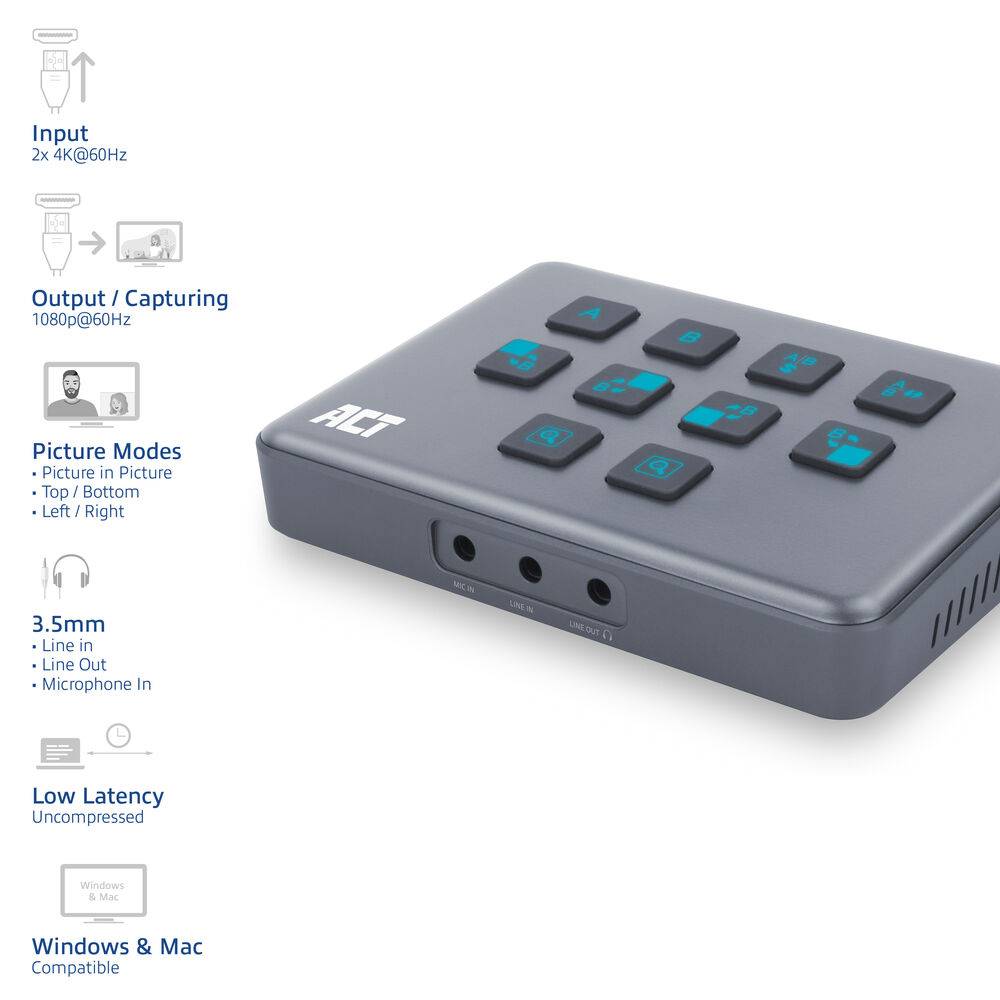 ACT AC7610 Dual HDMI Input USB-C Video Switcher | Capture und Live Streaming | 2x 4K@60Hz HDMI input | 1x 108…-3