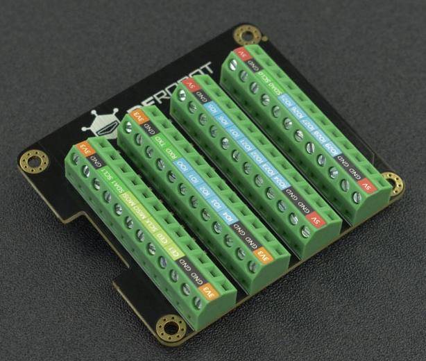 DFRobot Raspberry Pi 4B GPIO Terminal Block HAT, 28 GPIO, 4x 3.3V, 4x 5V, 12x GND, 32 LEDs-0