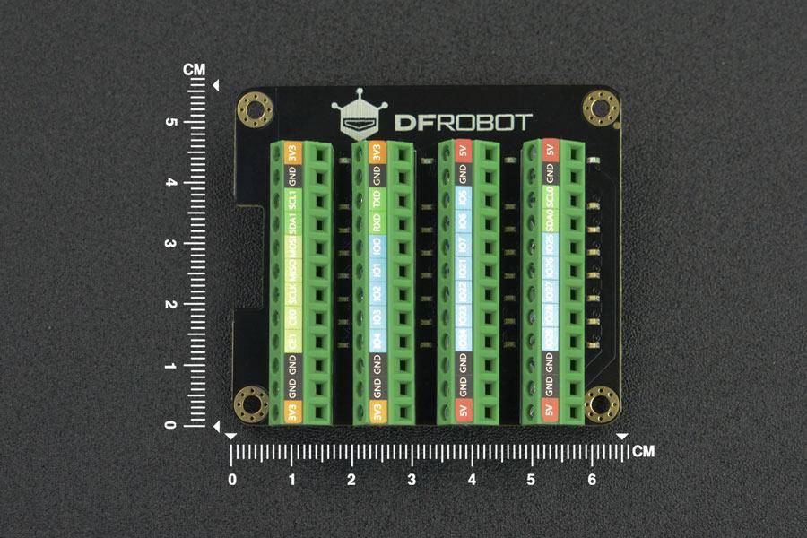 DFRobot Raspberry Pi 4B GPIO Terminal Block HAT, 28 GPIO, 4x 3.3V, 4x 5V, 12x GND, 32 LEDs-1