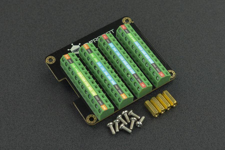 DFRobot Raspberry Pi 4B GPIO Terminal Block HAT, 28 GPIO, 4x 3.3V, 4x 5V, 12x GND, 32 LEDs-4