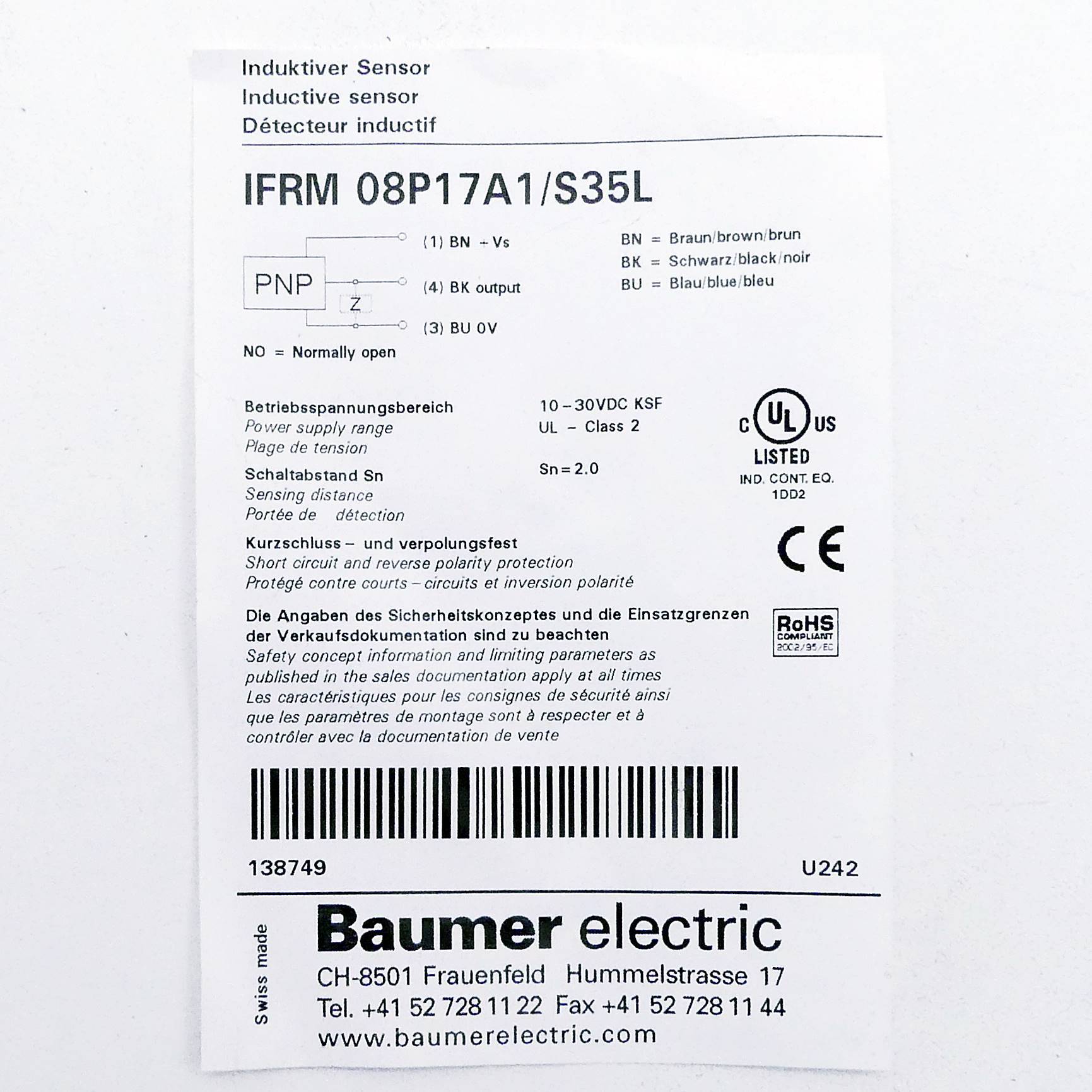 Baumer Baumer Induktiver Näherungsschalter IFRM 08P17A1/S35L inductive sensor 10138749 Baumer Induktiver Näherungsschalt-1