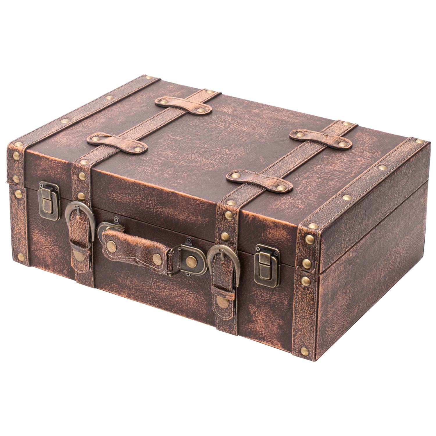 HMF Vintage Deko Koffer aus Holz, Aufbewahrungsbox mit Deckel und Ledergriff, Klassik, 38 x 26 x 13 cm-0