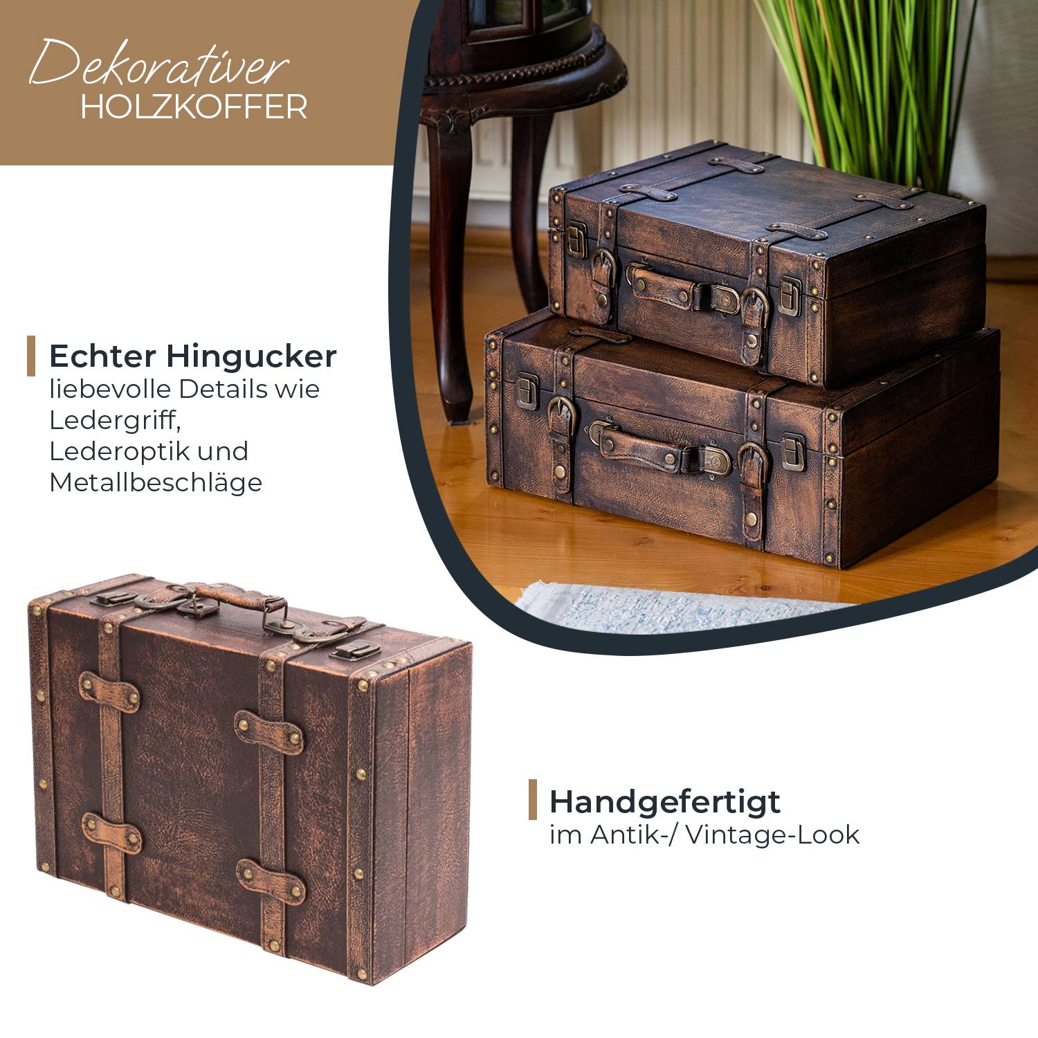 HMF Vintage Deko Koffer aus Holz, Aufbewahrungsbox mit Deckel und Ledergriff, Klassik, 38 x 26 x 13 cm-1