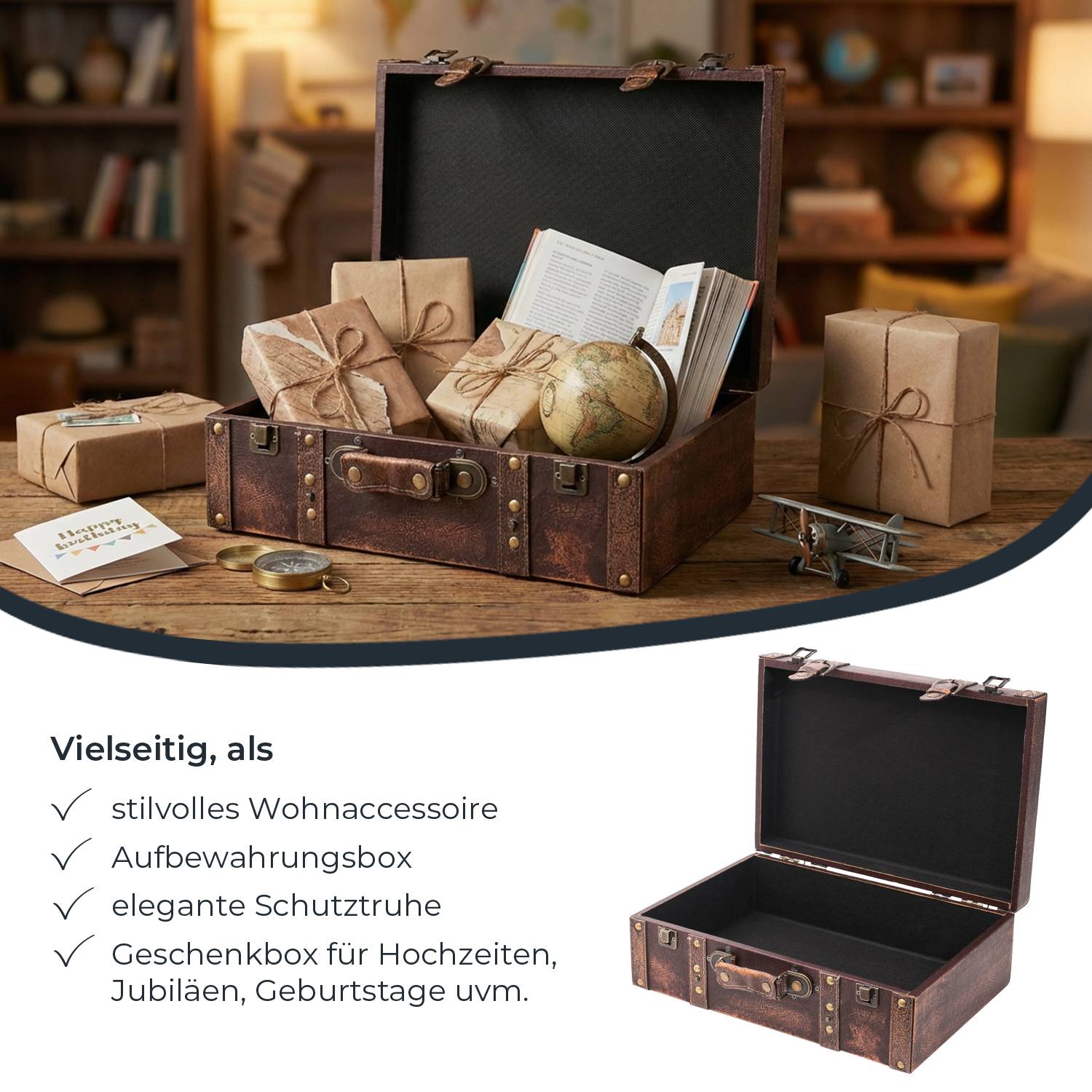 HMF Vintage Deko Koffer aus Holz, Aufbewahrungsbox mit Deckel und Ledergriff, Klassik, 38 x 26 x 13 cm-2