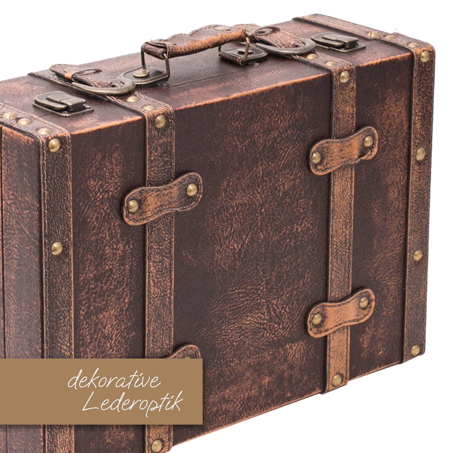 HMF Vintage Deko Koffer aus Holz, Aufbewahrungsbox mit Deckel und Ledergriff, Klassik, 38 x 26 x 13 cm-3